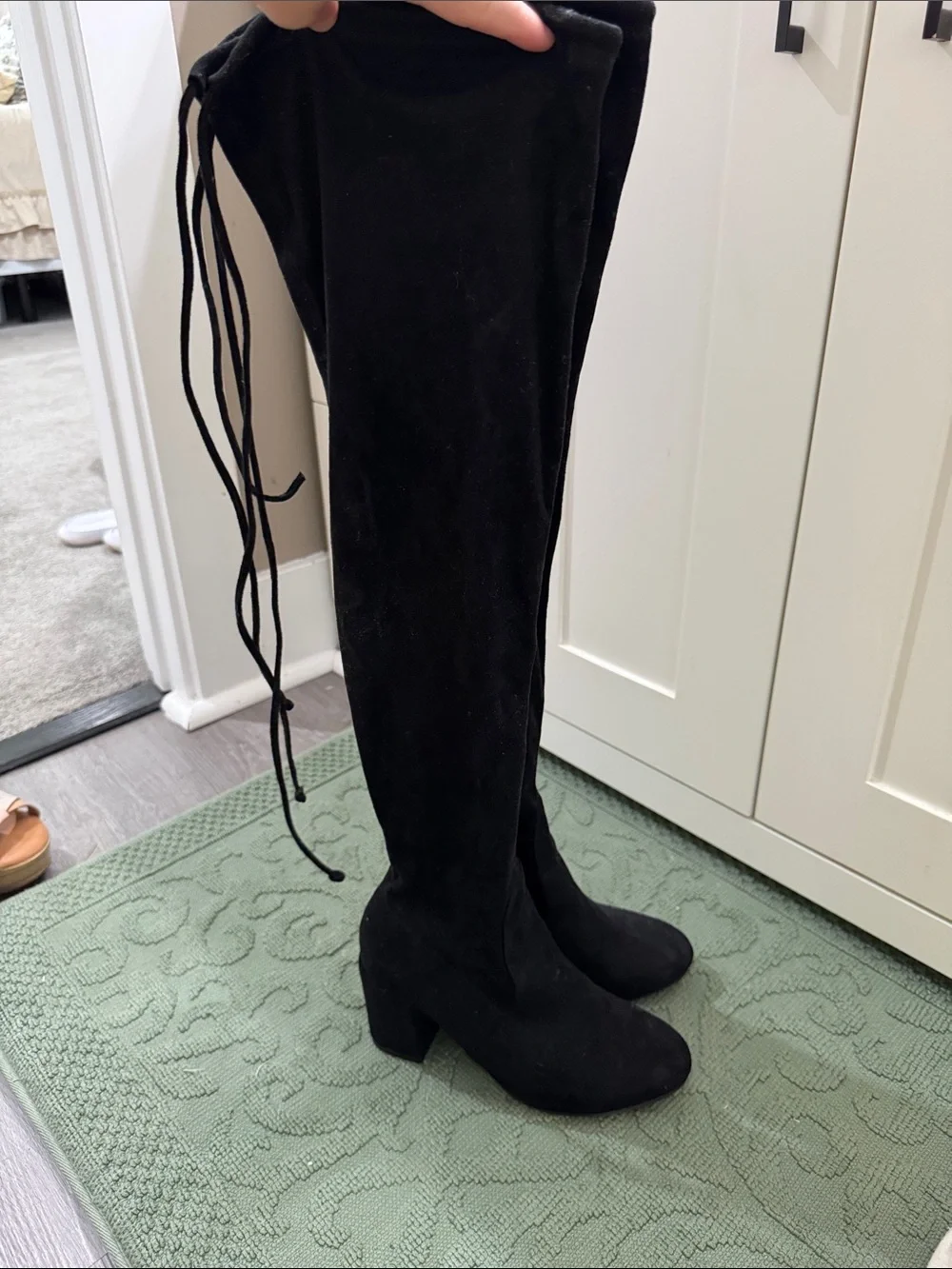 Over-the-Knee Black Suede Block Heel Boots with Back Tie